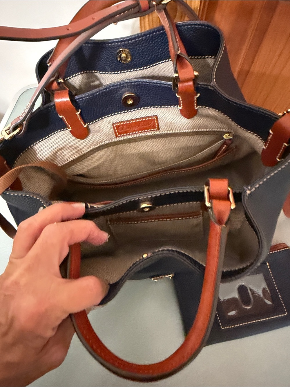 Dooney & Bourke Navy and Tan Pebble Leather Shoulder Bag with Wristlet - Picture 3 of 5